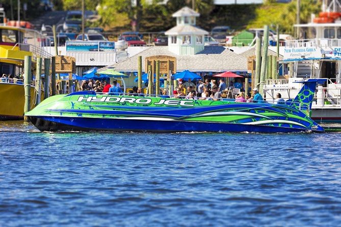 Dolphin & Sunset Cruises in Destin FL aboard the Hydrojet - A fast boat ride with a wet-weather warning