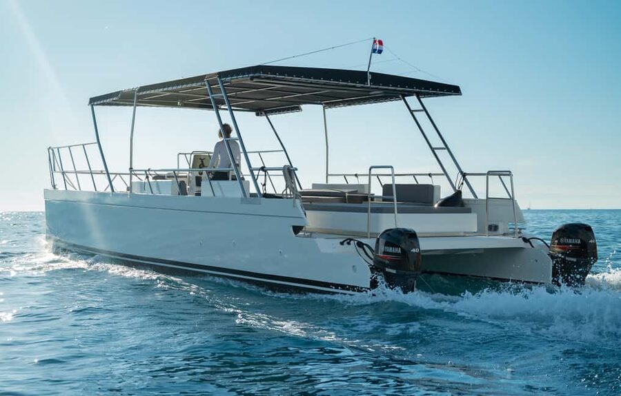 Rovinj: Sunset & dolphin group tours with Catamaran - Leaving Rovinj with the town behind you
